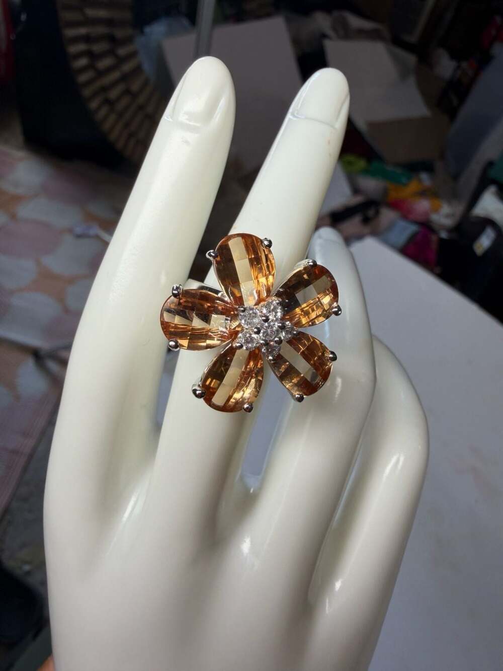 Avon Flower Cocktail Ring with Yellow and White Stones